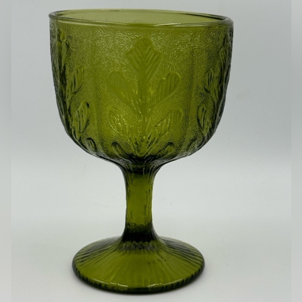 Vintage FTD 1975 Avocado Green Glass Pedestal Candy Dish with Oak Leaf Design